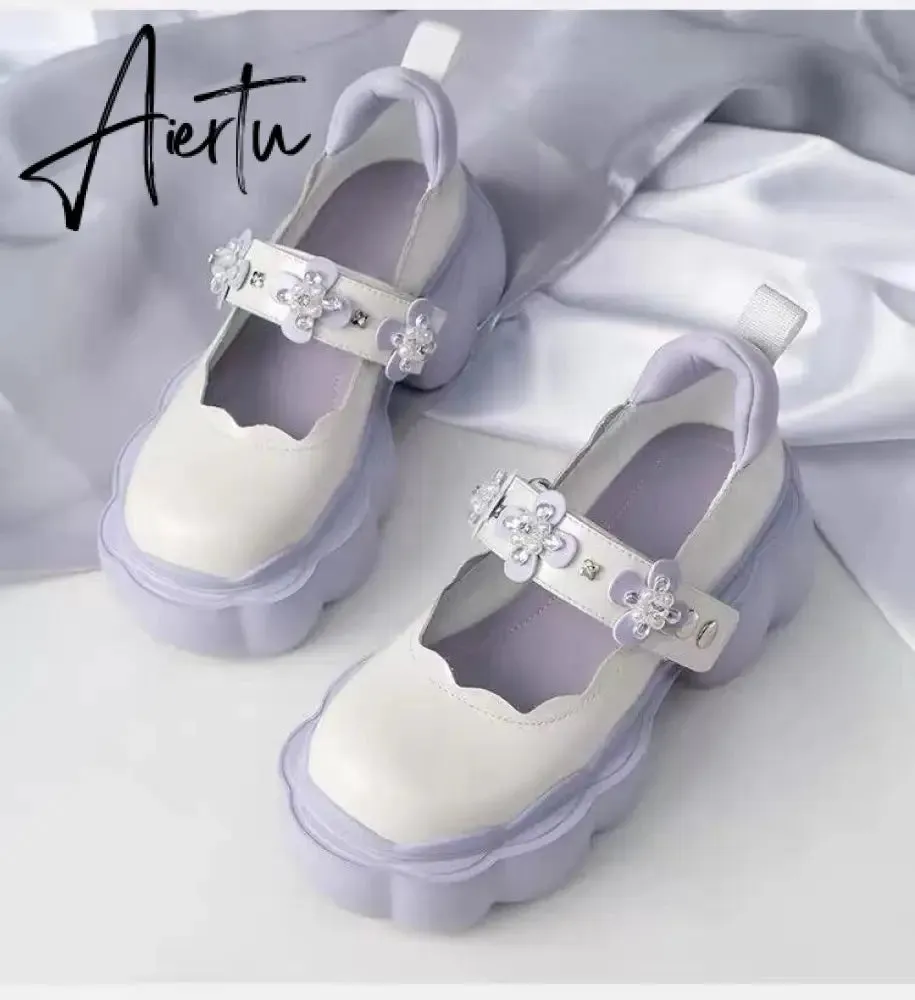 Aiertu Womens Lolita Flowers Bowknot Gothic Punk Shoes Creepers Pumps Japanese Harajuku Platform Girls Round Toe New