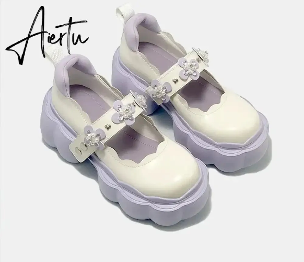 Aiertu Womens Lolita Flowers Bowknot Gothic Punk Shoes Creepers Pumps Japanese Harajuku Platform Girls Round Toe New