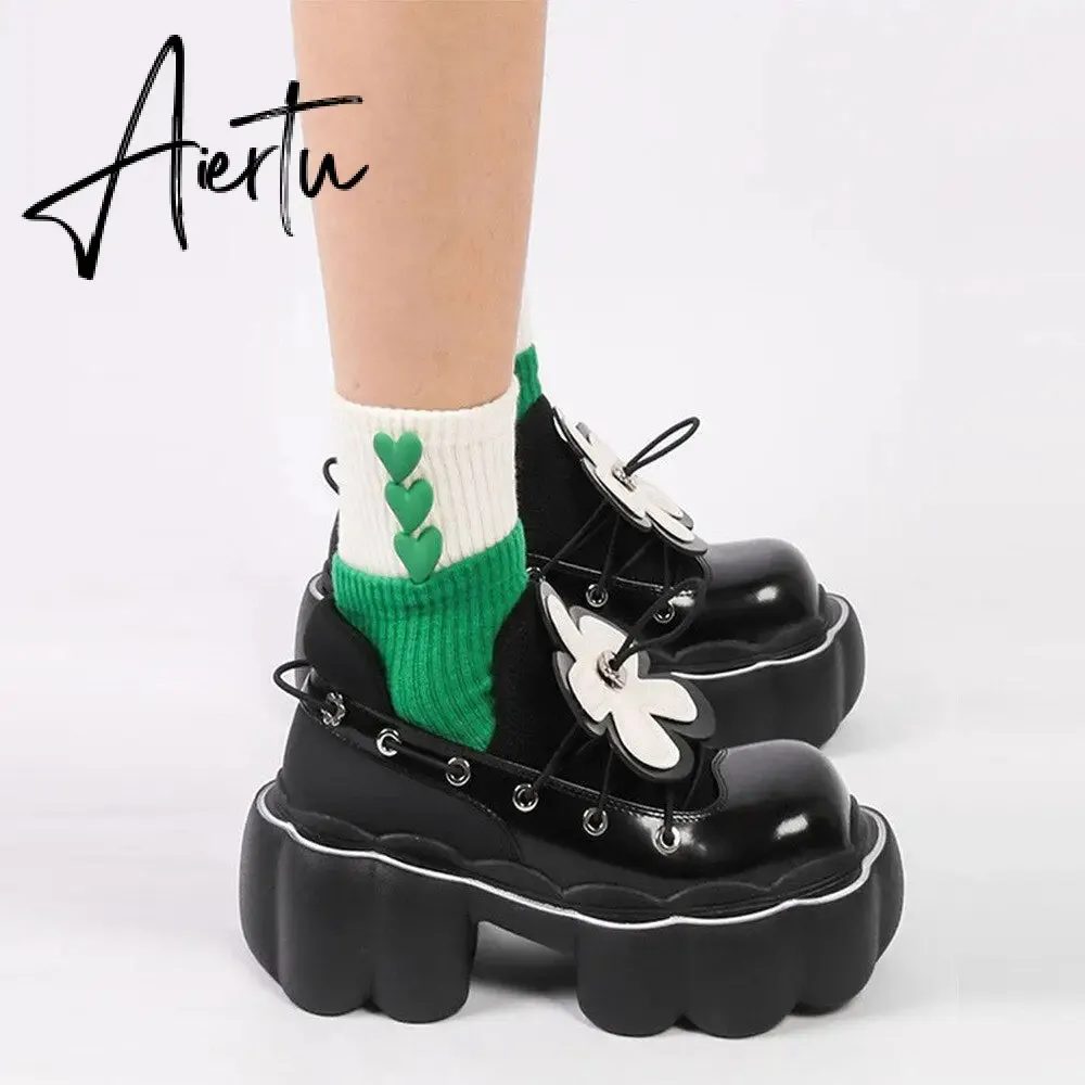 Aiertu Womens Lolita Flowers Bowknot Gothic Punk Shoes Creepers Pumps Japanese Harajuku Platform Girls Round Toe New