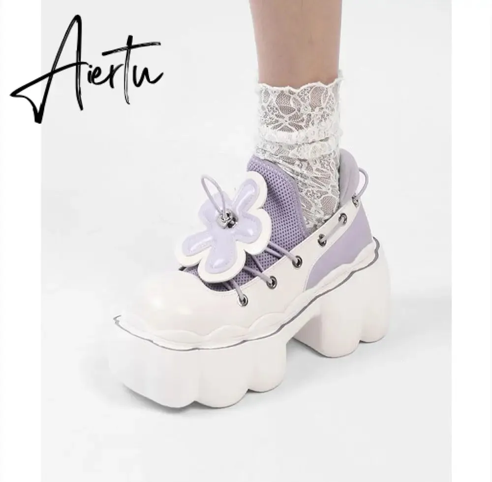 Aiertu Womens Lolita Flowers Bowknot Gothic Punk Shoes Creepers Pumps Japanese Harajuku Platform Girls Round Toe New