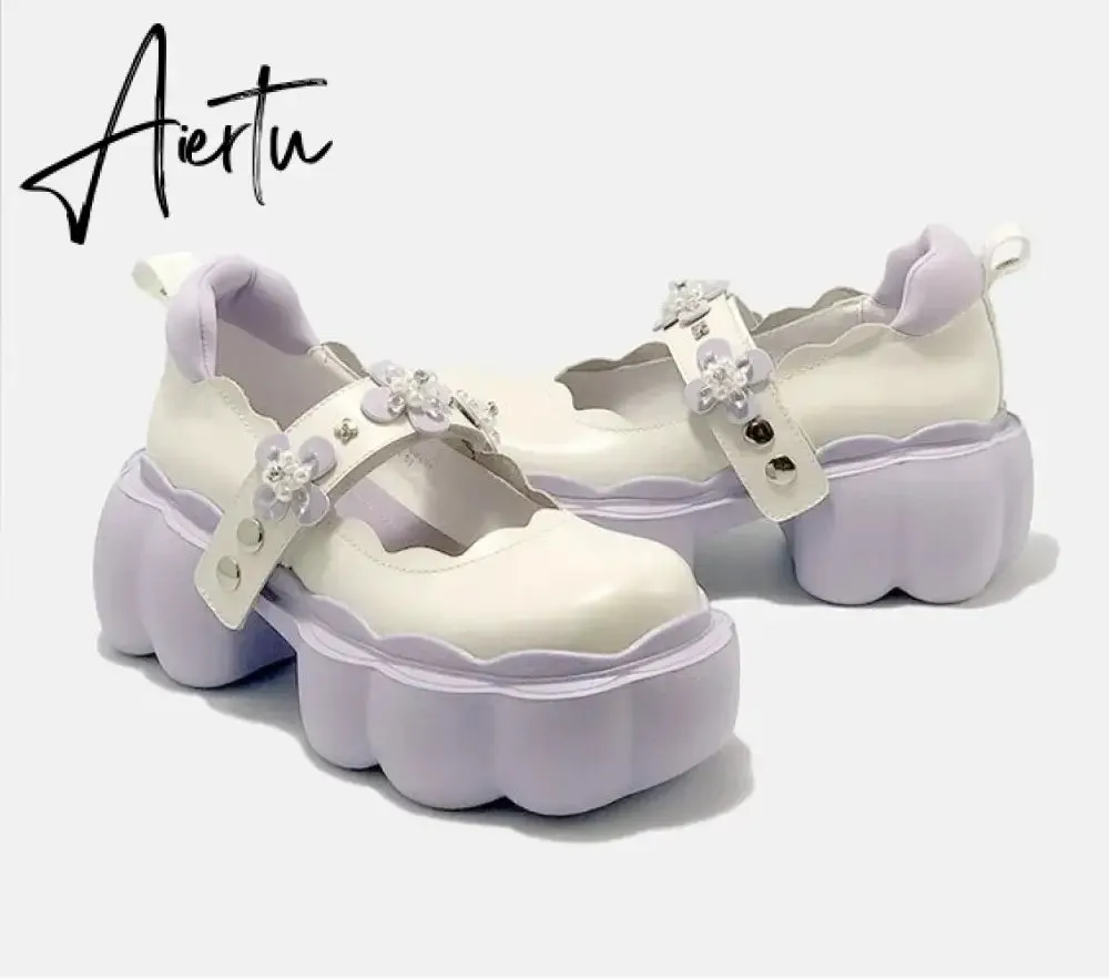 Aiertu Womens Lolita Flowers Bowknot Gothic Punk Shoes Creepers Pumps Japanese Harajuku Platform Girls Round Toe New