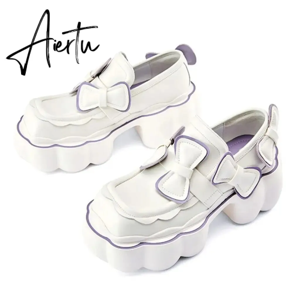 Aiertu Womens Lolita Flowers Bowknot Gothic Punk Shoes Creepers Pumps Japanese Harajuku Platform Girls Round Toe New