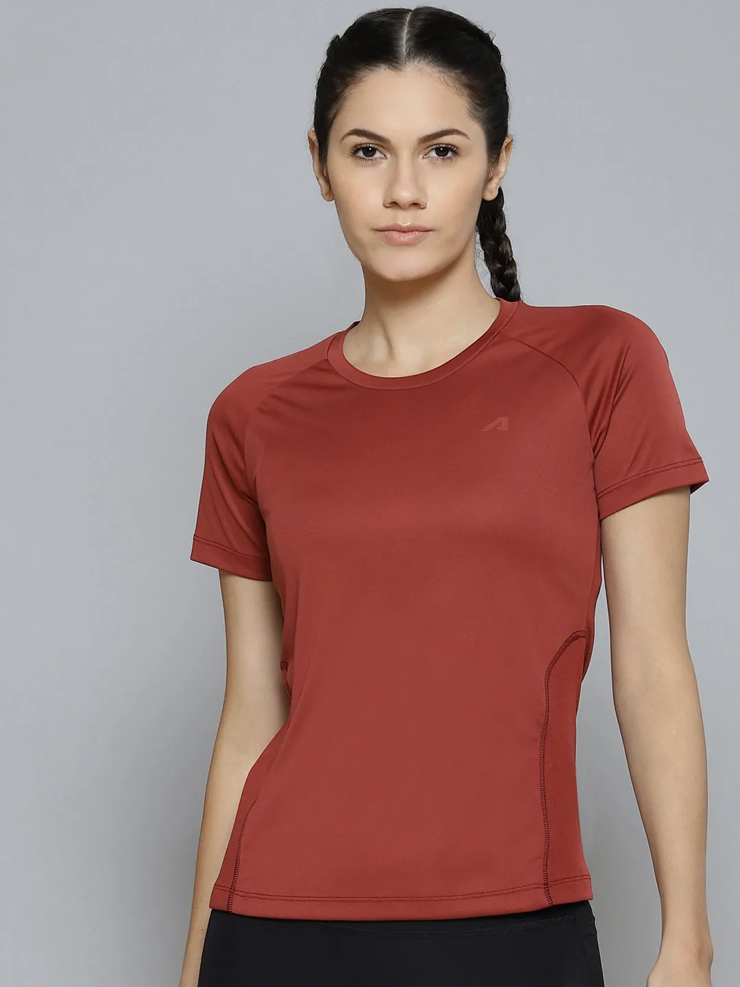 Alcis Women Rust Red Slim Fit Training or Gym T-shirt
