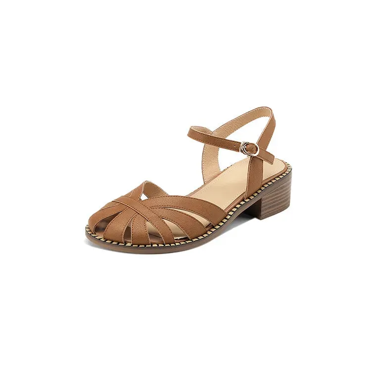 Amozae-French Vintage Summer Sandals Women Shoe Round Toe Chunky Heel Sandals Shoes for Women Handmade Hollow Out Sandals Zapatos Mujer