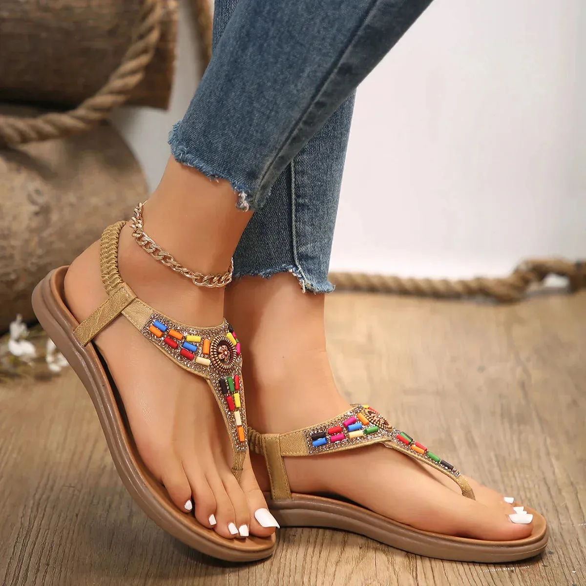 AMOZAE- - Summer Crystal Bohemian Flat Heel Sandals