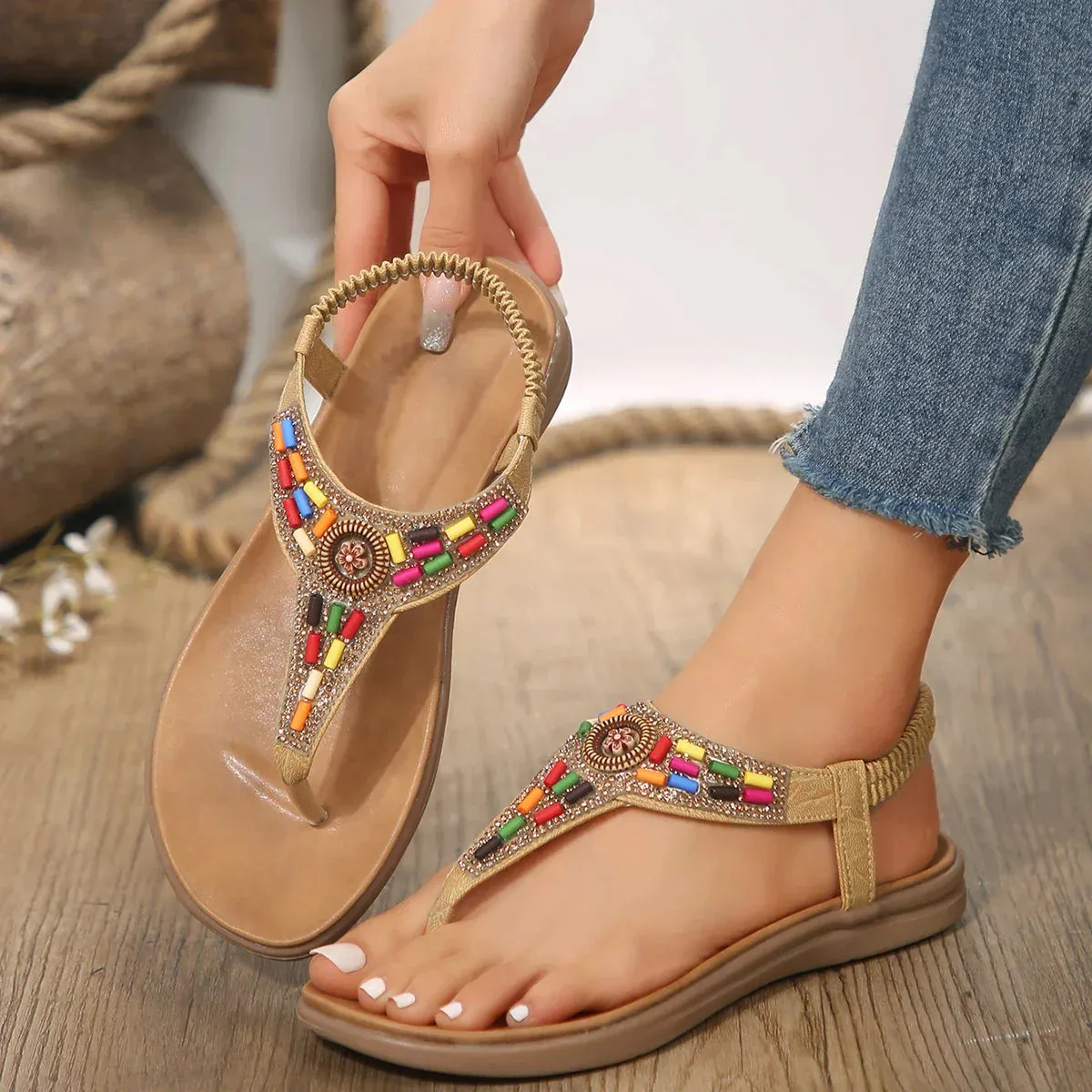 AMOZAE- - Summer Crystal Bohemian Flat Heel Sandals