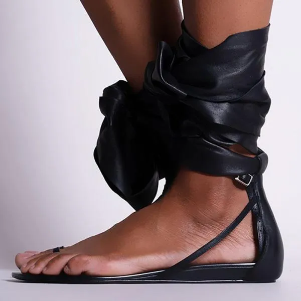 Amozae- Women Gladiator Thong Summer Ankle Wrap Flat Sandals