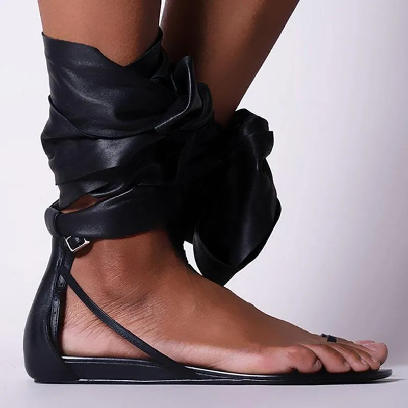 Amozae- Women Gladiator Thong Summer Ankle Wrap Flat Sandals