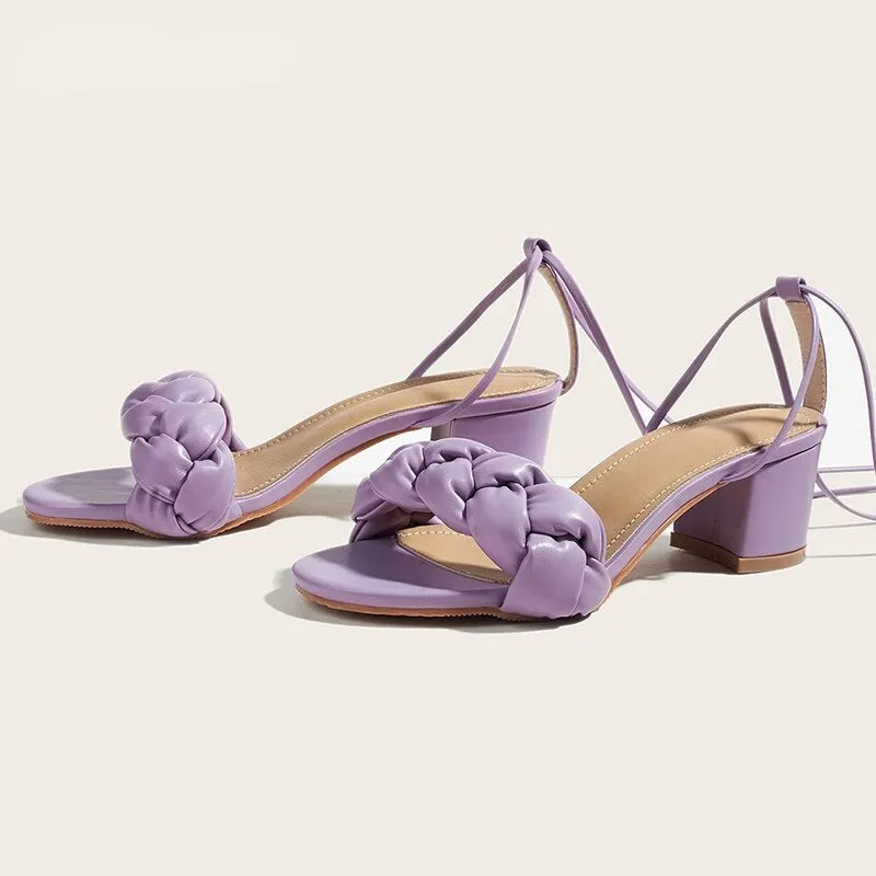 Aneikeh Sweet Women Shoes PU Fashion Sexy Square Heels Sandals Summer Elegant Party Cross-Tied Gladiator Lace-Up Checkered