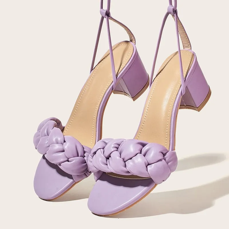 Aneikeh Sweet Women Shoes PU Fashion Sexy Square Heels Sandals Summer Elegant Party Cross-Tied Gladiator Lace-Up Checkered