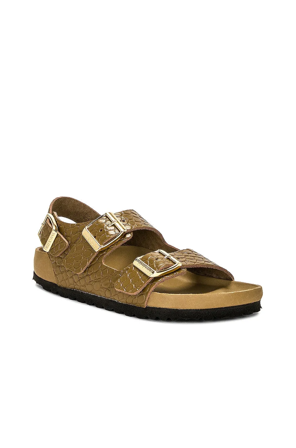 Birkenstock Milano Exquisite Sandals in Reptile Embossed Mud Green