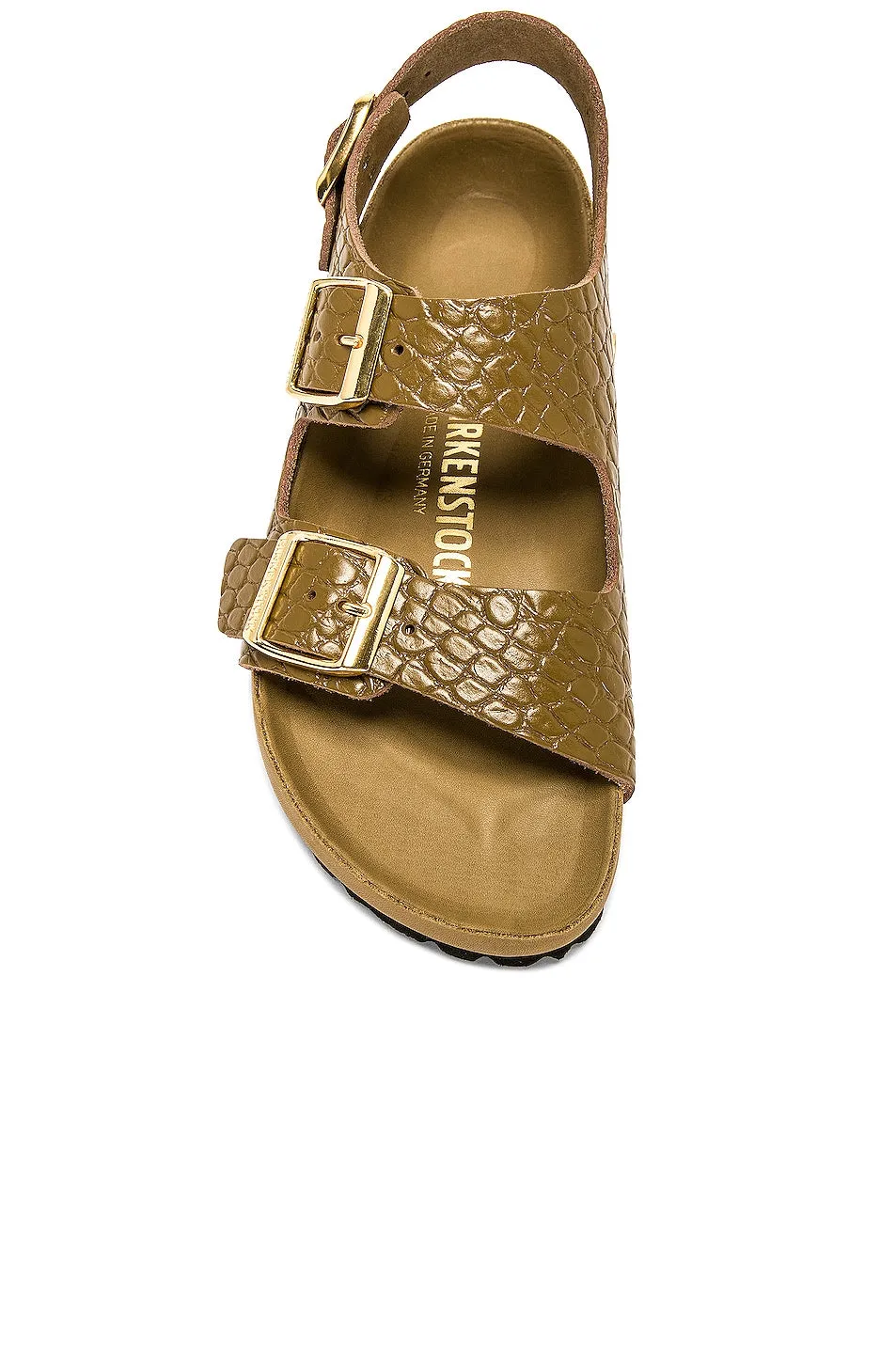 Birkenstock Milano Exquisite Sandals in Reptile Embossed Mud Green