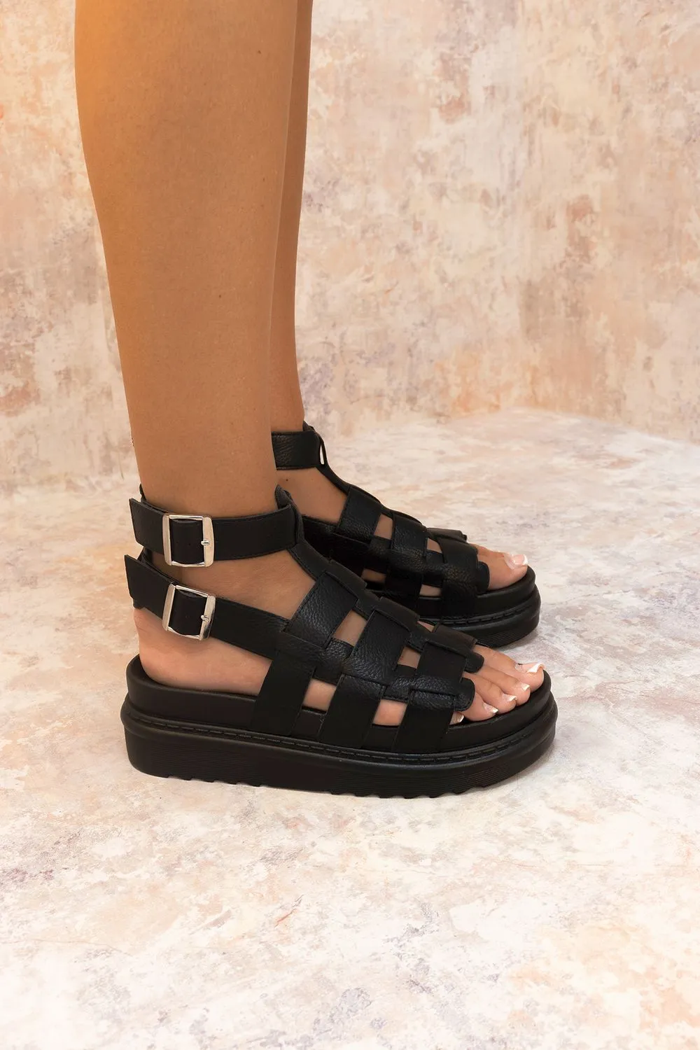 Black Chunky Caged Gladiator Faux Leather Sandal