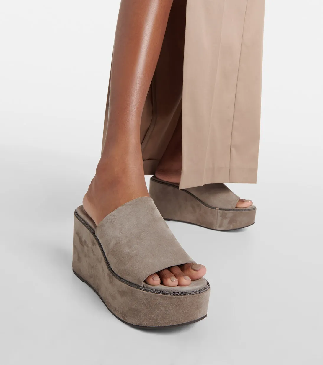 Brunello Cucinelli suede platform slides, gray