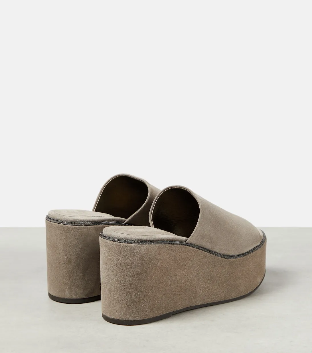 Brunello Cucinelli suede platform slides, gray