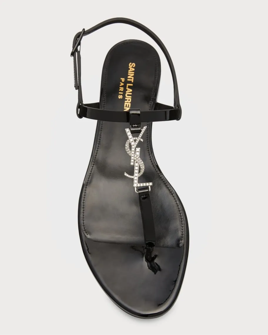 Cassandra YSL Flat Sandals with Rhinestone and Saint Laurent Medallion