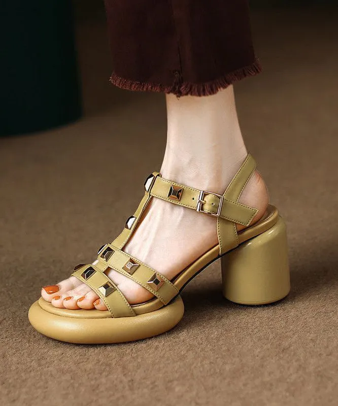 Casual Yellow Rivet Sandals Buckle Strap Chunky Sandals LY4398