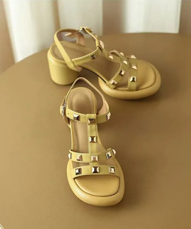 Casual Yellow Rivet Sandals Buckle Strap Chunky Sandals LY4398