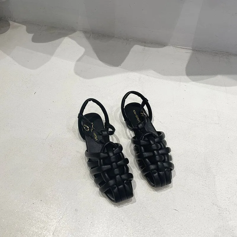 Closed Toe Sandals Black Shoes For Women   Summer Women's Flat Heels Breathable Beige Low Retro Ladies Flat Gladiator Sandals