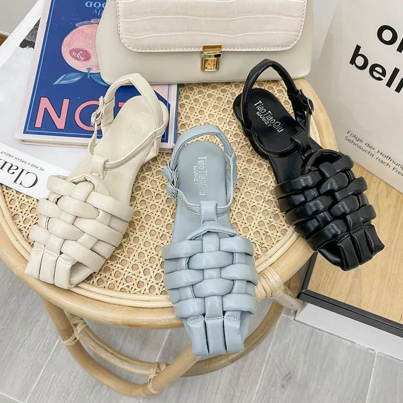 Closed Toe Sandals Black Shoes For Women   Summer Women's Flat Heels Breathable Beige Low Retro Ladies Flat Gladiator Sandals