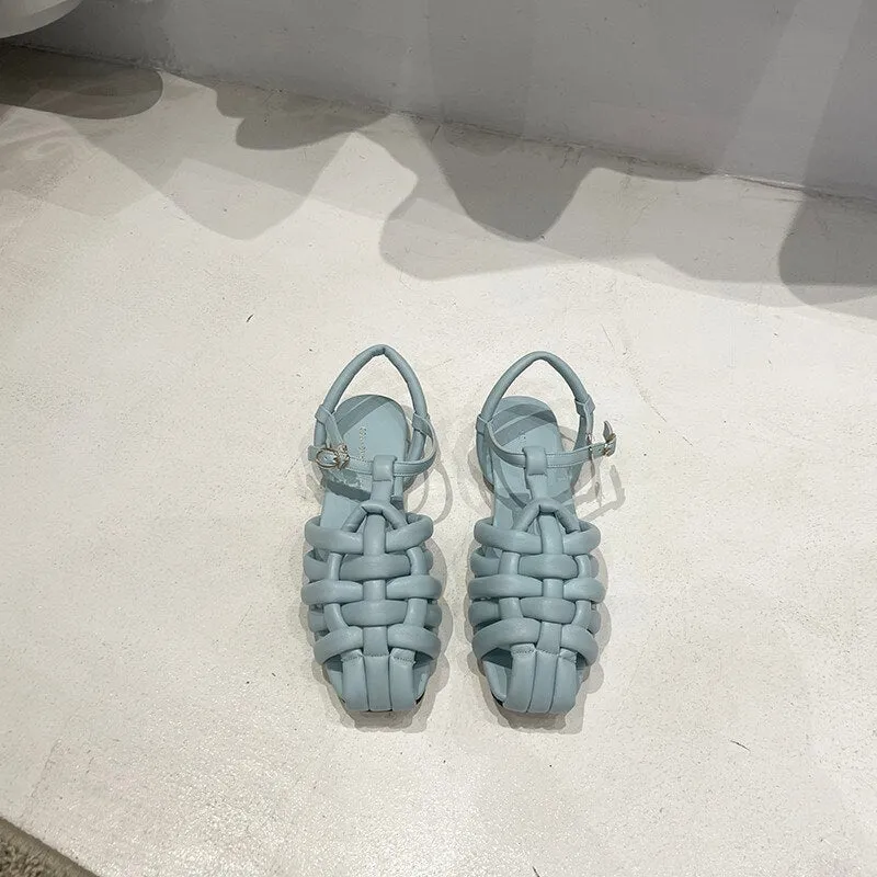 Closed Toe Sandals Black Shoes For Women   Summer Women's Flat Heels Breathable Beige Low Retro Ladies Flat Gladiator Sandals