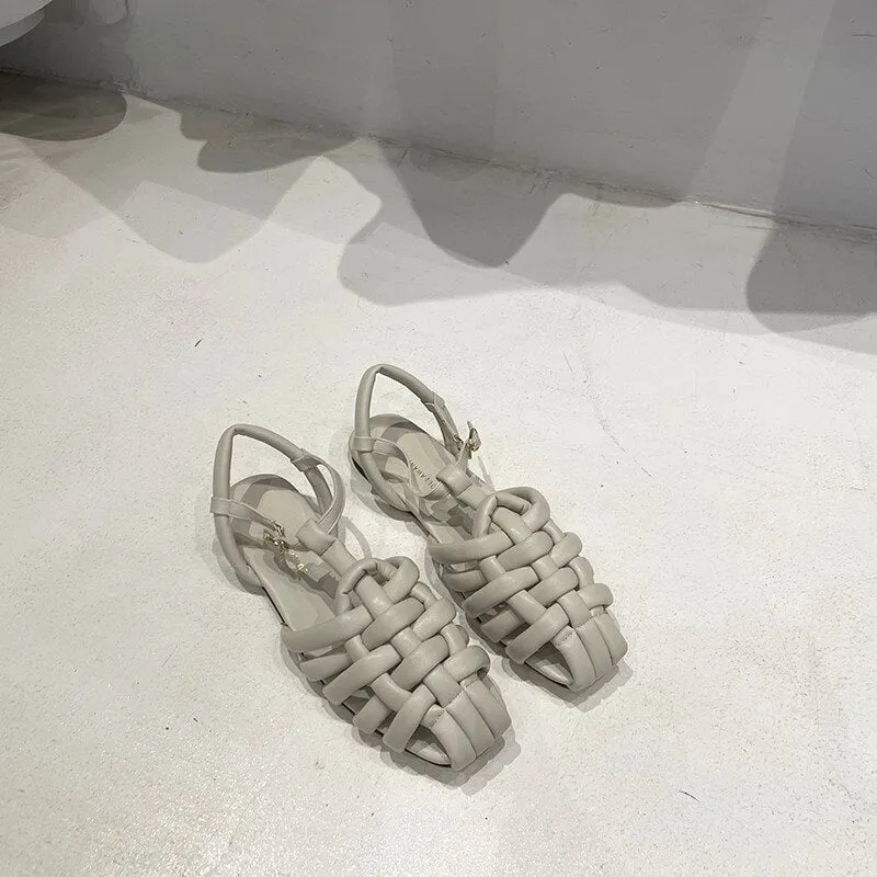 Closed Toe Sandals Black Shoes For Women   Summer Women's Flat Heels Breathable Beige Low Retro Ladies Flat Gladiator Sandals
