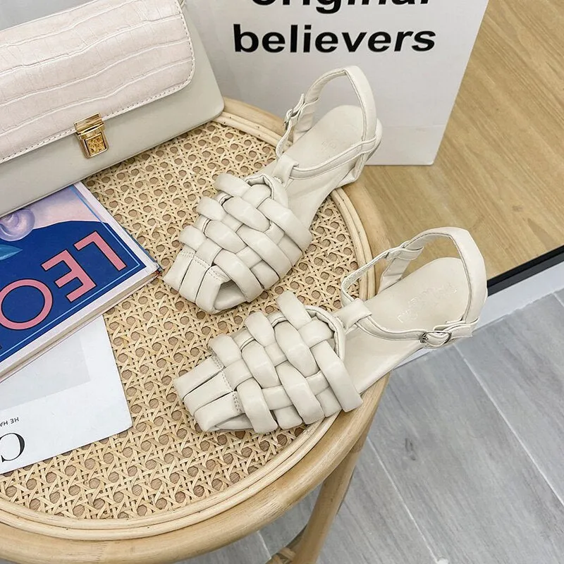 Closed Toe Sandals Black Shoes For Women   Summer Women's Flat Heels Breathable Beige Low Retro Ladies Flat Gladiator Sandals
