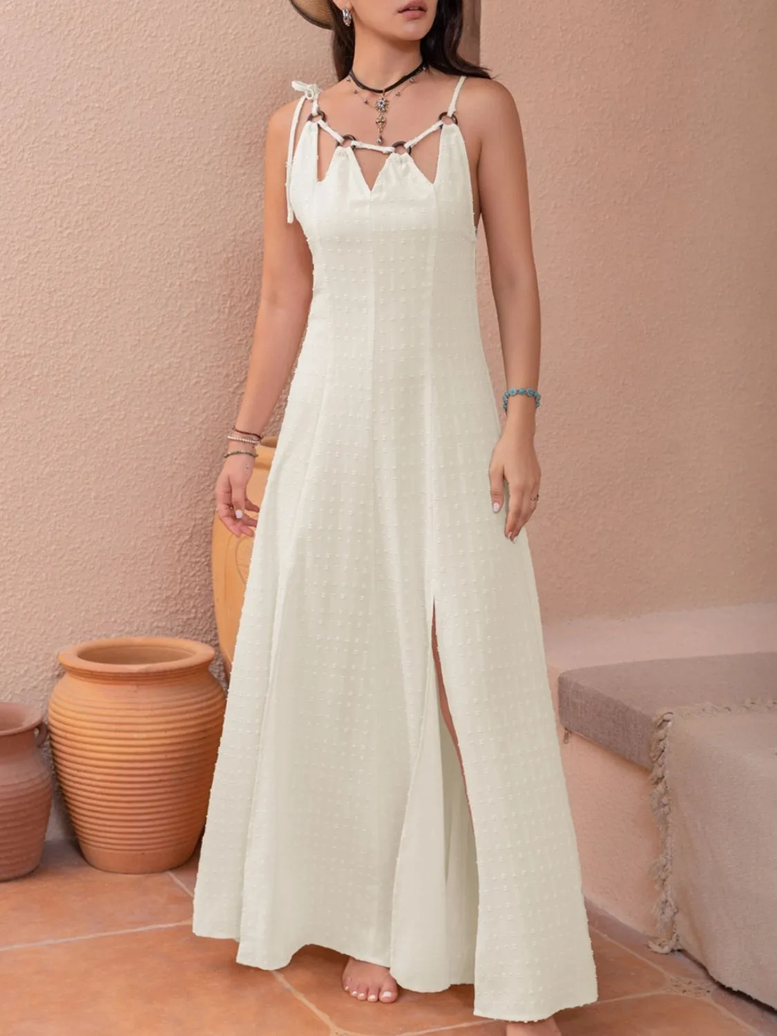 Cream Swiss Dot Cutout Sleeveless Maxi Dress