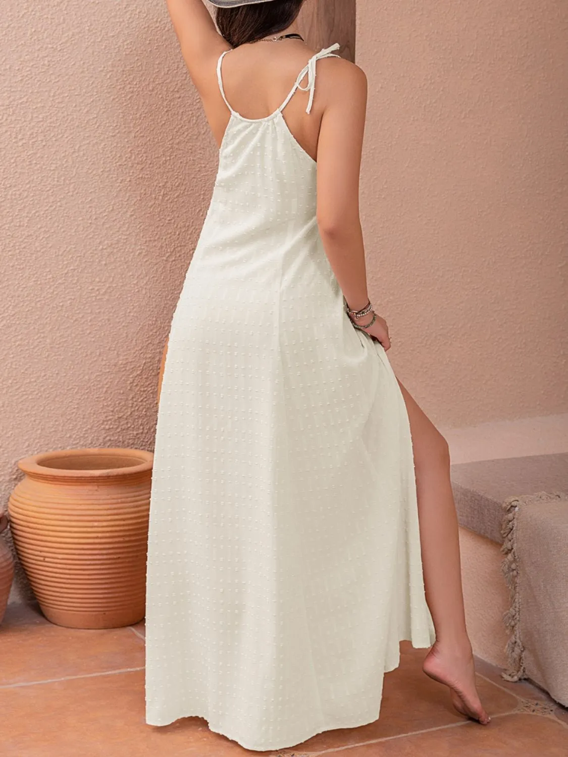 Cream Swiss Dot Cutout Sleeveless Maxi Dress