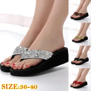 Flip Flops Women Slippers Beach Sandals Sequins Bling Shoes For Women 2022 Wedges Platform Slippers Female Luxury Designer Shoes