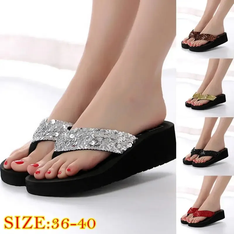 Flip Flops Women Slippers Beach Sandals Sequins Bling Shoes For Women 2022 Wedges Platform Slippers Female Luxury Designer Shoes