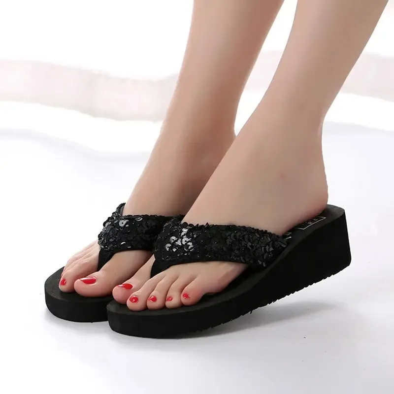 Flip Flops Women Slippers Beach Sandals Sequins Bling Shoes For Women 2022 Wedges Platform Slippers Female Luxury Designer Shoes