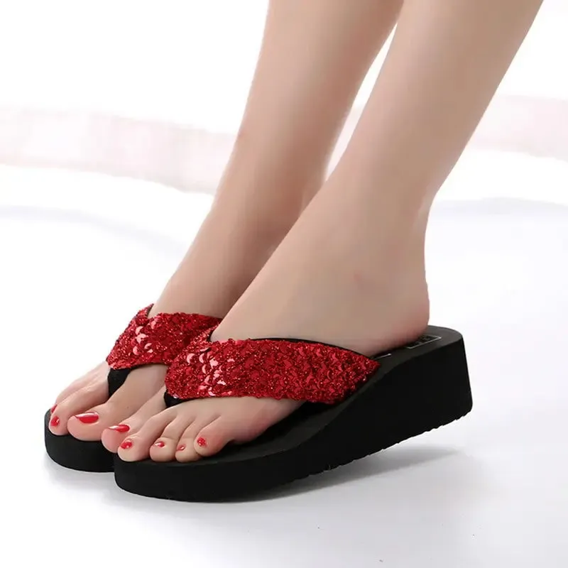 Flip Flops Women Slippers Beach Sandals Sequins Bling Shoes For Women 2022 Wedges Platform Slippers Female Luxury Designer Shoes