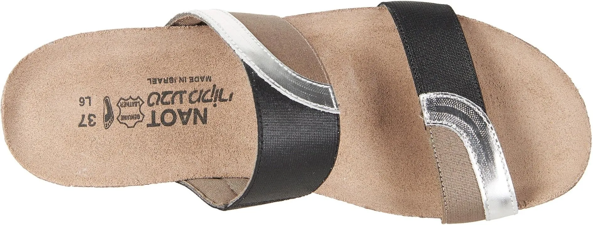 Frankie Naot Sandals in Silver Mirror Leather/Gloss Black Stretch/Khaki Patina Elastic