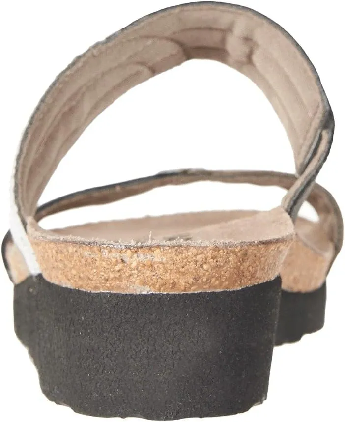 Frankie Naot Sandals in Silver Mirror Leather/Gloss Black Stretch/Khaki Patina Elastic