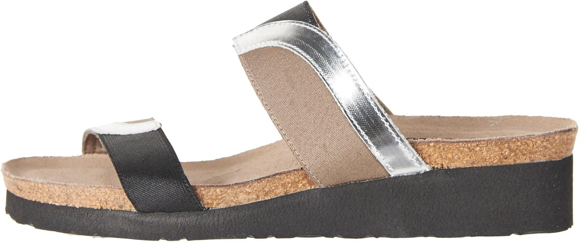 Frankie Naot Sandals in Silver Mirror Leather/Gloss Black Stretch/Khaki Patina Elastic