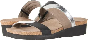 Frankie Naot Sandals in Silver Mirror Leather/Gloss Black Stretch/Khaki Patina Elastic