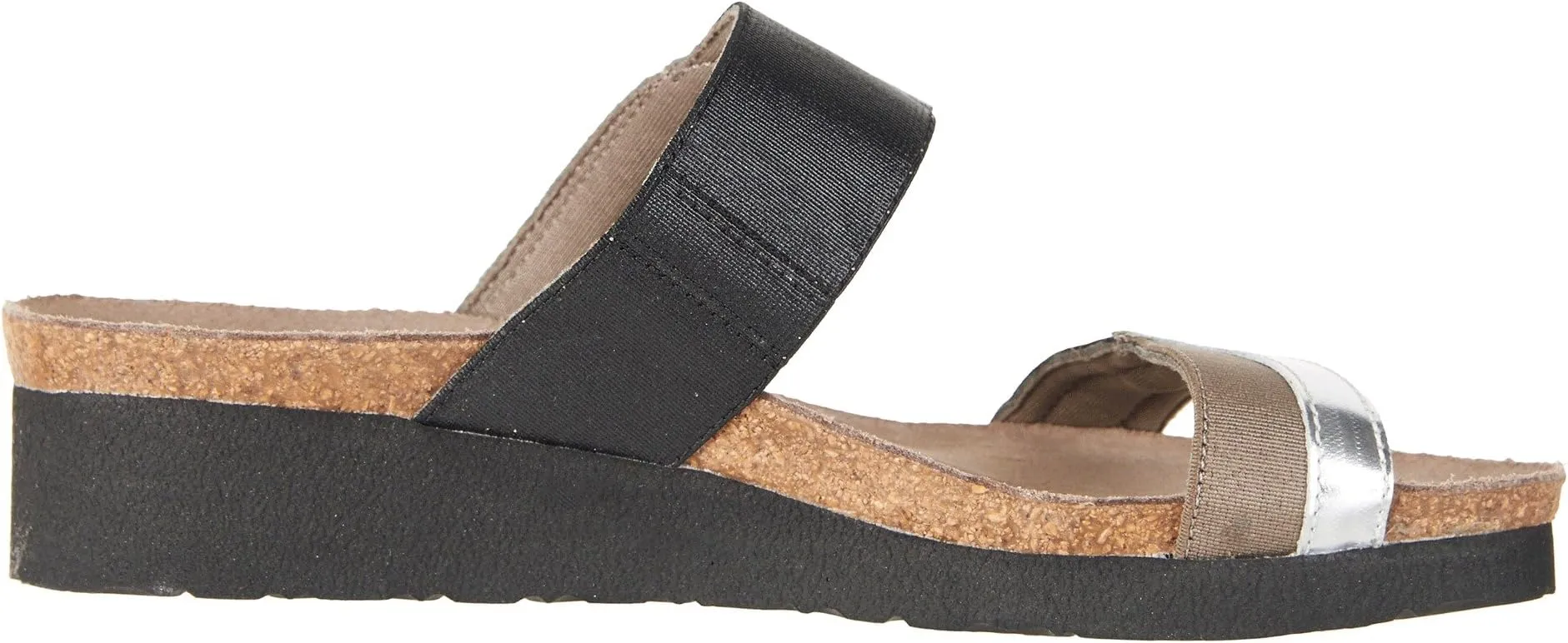 Frankie Naot Sandals in Silver Mirror Leather/Gloss Black Stretch/Khaki Patina Elastic