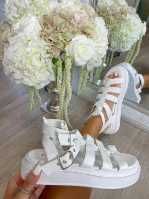 Gladiator Ankle Strap Flatforms - White