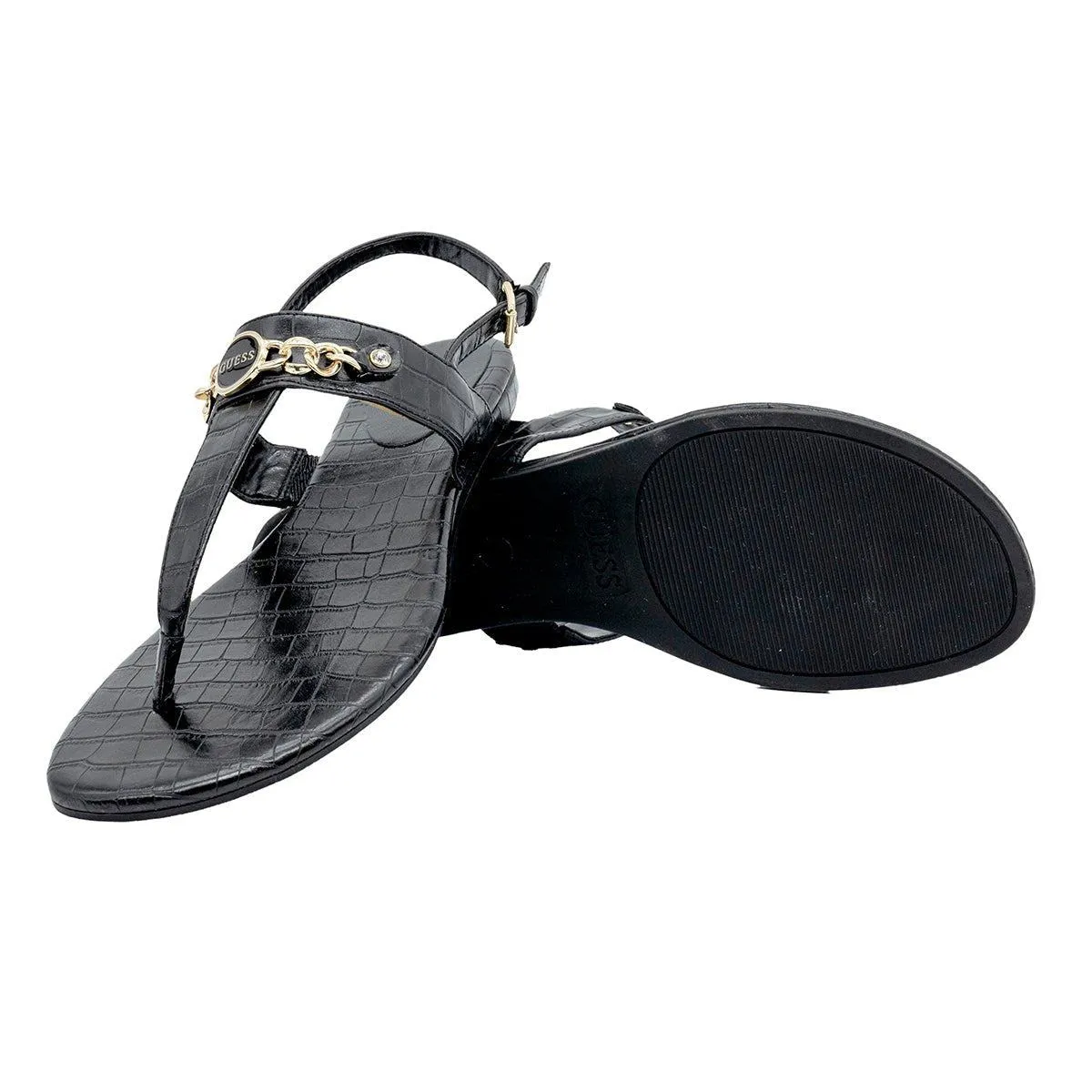 Guess Logo Chain Thong Flat Sandals Black Colour For Women