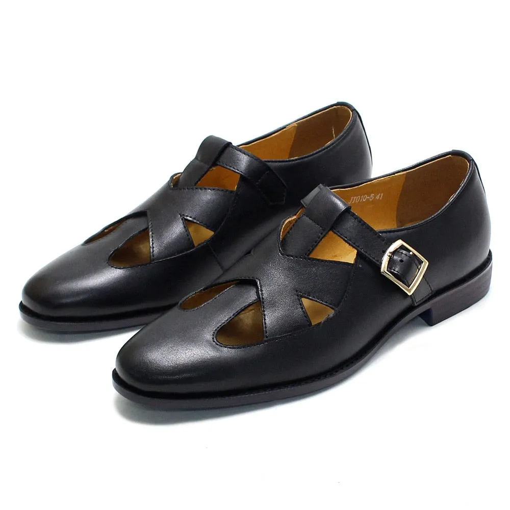 Hnzxzm Big Size 38 to 50 Mens Luxury Casual Sandals Retro Genuine Leather Roman Hollow Out Buckle Strap Breathable Soft Sandals for Men