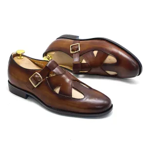 Hnzxzm Big Size 38 to 50 Mens Luxury Casual Sandals Retro Genuine Leather Roman Hollow Out Buckle Strap Breathable Soft Sandals for Men