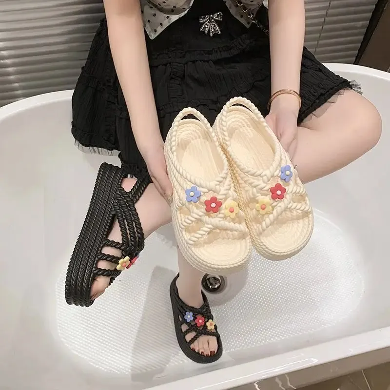 Hnzxzm Cute Flower Sandals for Women To Wear In Summer New Thick Bottom Muffin Versatile Beach Roman Shoes Shoes for Women