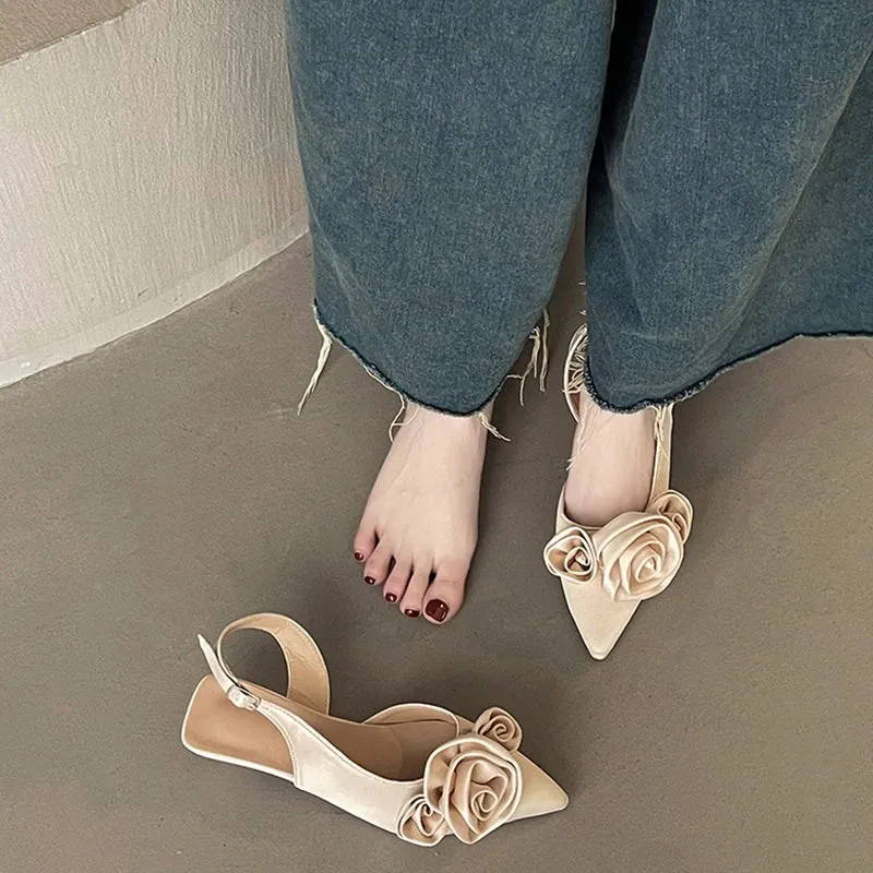 Hnzxzm Designer Summer Flower Women Sandals Fashion Elegant Pointed Toe Singbacks Shoes Ladies Comfort Outdoor Low Heel Sandalias
