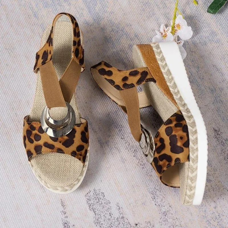 Hnzxzm Fashion Leopard Print Women's Sandals 2024 Metal Decoration Wedges Sandalias Mujer Lightweight Non-Slip Gladiator Shoes Women
