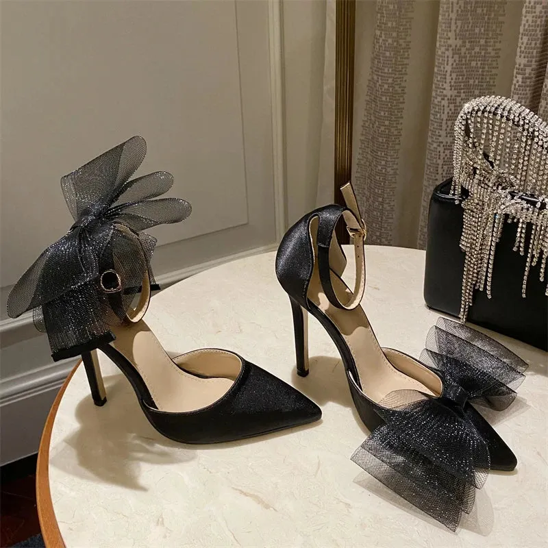 Hnzxzm Fashion Women Sandals Pointed Toe Ankle Strap Black Party Dress Shoes Bow Mesg Buckle Closed Thin High Heels Gladiator Sandals