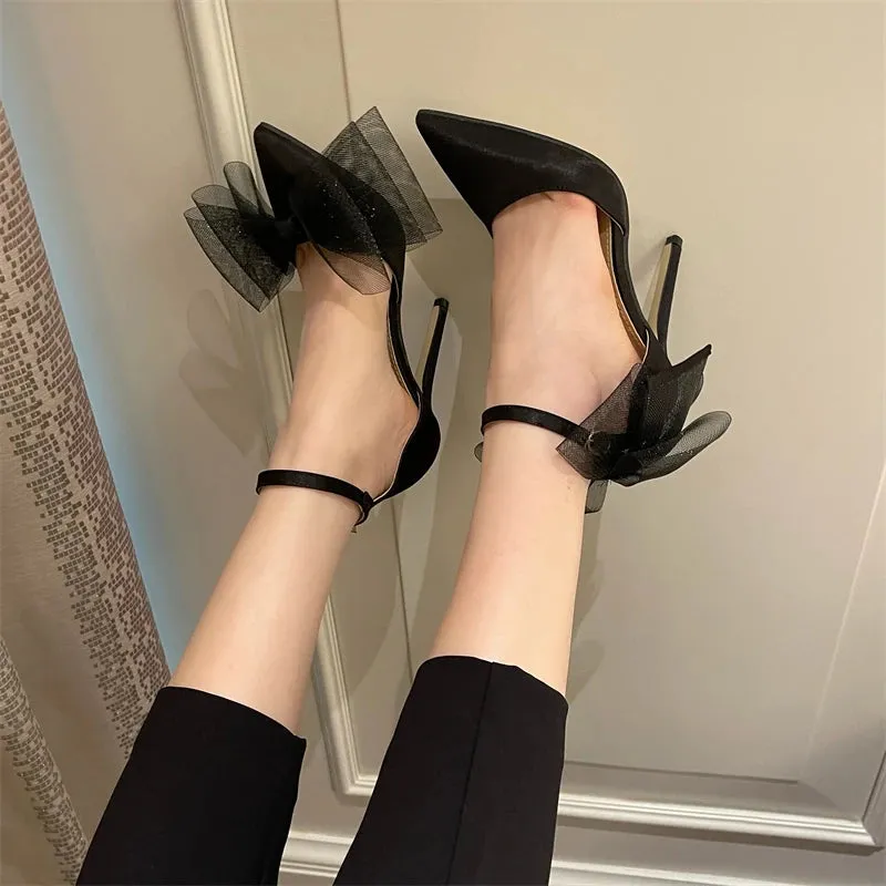Hnzxzm Fashion Women Sandals Pointed Toe Ankle Strap Black Party Dress Shoes Bow Mesg Buckle Closed Thin High Heels Gladiator Sandals