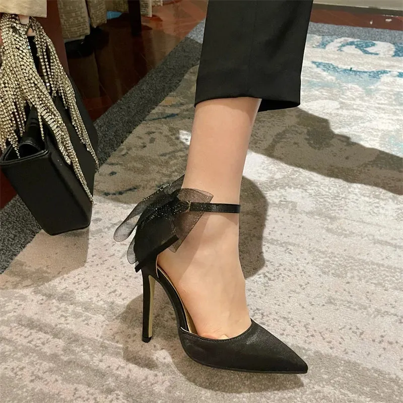 Hnzxzm Fashion Women Sandals Pointed Toe Ankle Strap Black Party Dress Shoes Bow Mesg Buckle Closed Thin High Heels Gladiator Sandals