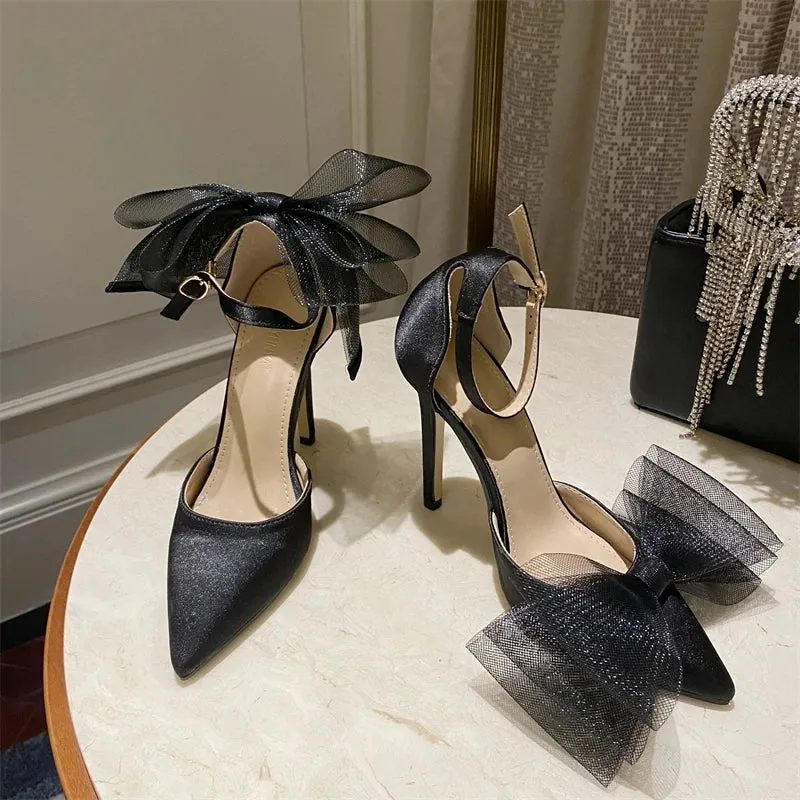 Hnzxzm Fashion Women Sandals Pointed Toe Ankle Strap Black Party Dress Shoes Bow Mesg Buckle Closed Thin High Heels Gladiator Sandals