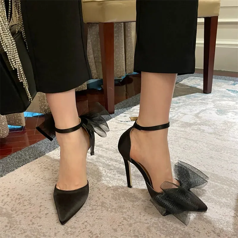 Hnzxzm Fashion Women Sandals Pointed Toe Ankle Strap Black Party Dress Shoes Bow Mesg Buckle Closed Thin High Heels Gladiator Sandals